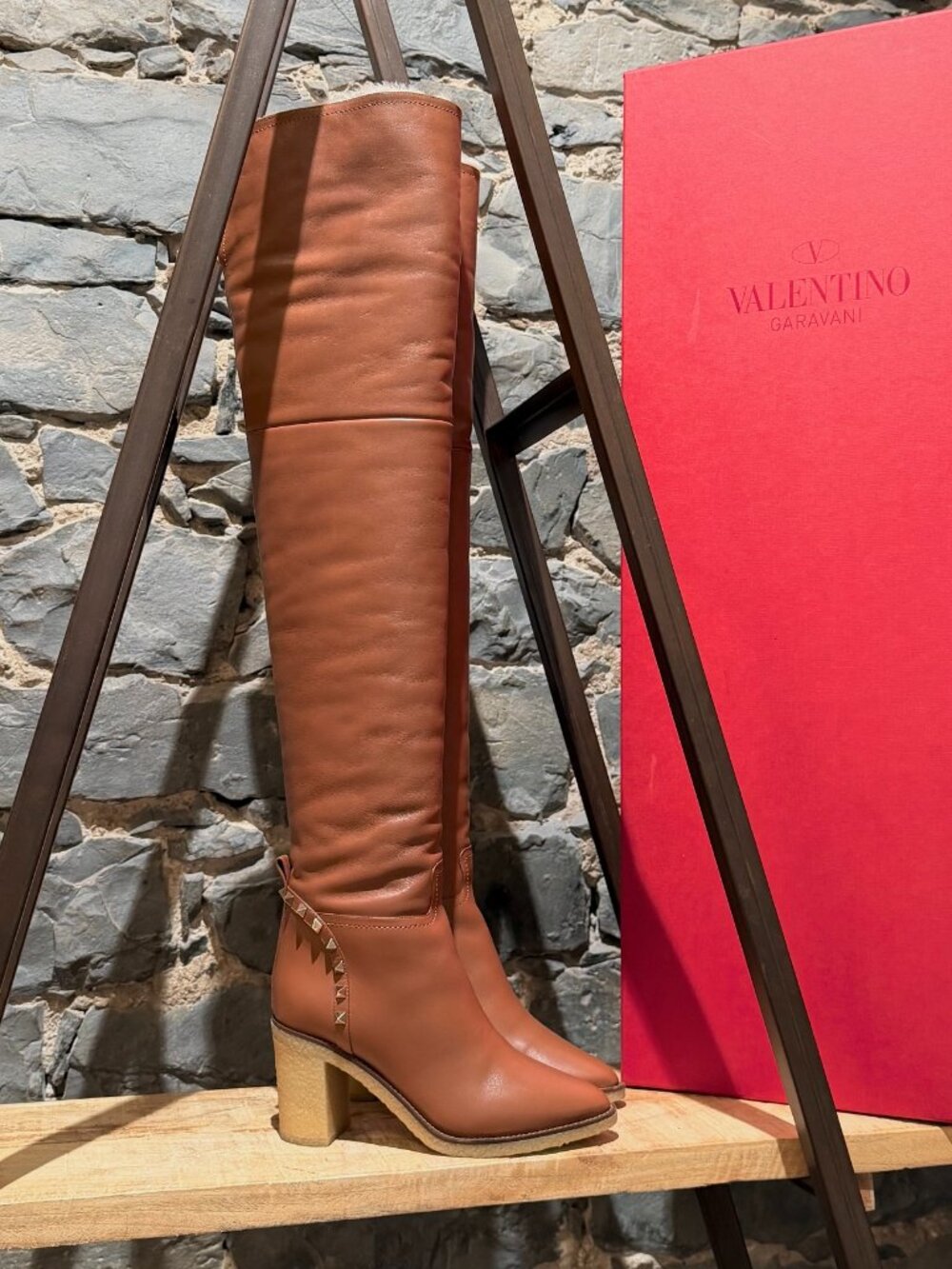Valentino Camel Leather Rockstud Shearling Lined Over The Knee Boots